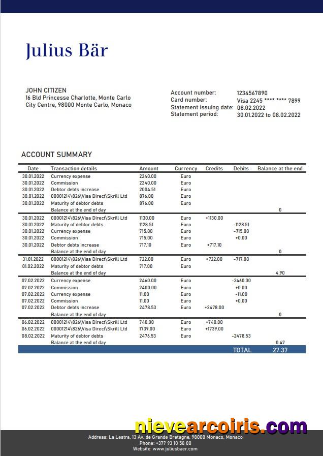 Monaco Julius Bar bank statement